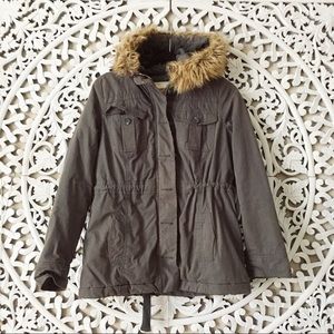 Gray parka with faux fur hood